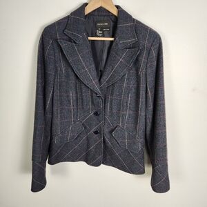 NWOT Vintage Focus 2000 Blue Gray Plaid Wool Blend Blazer Jacket Size 10 #689